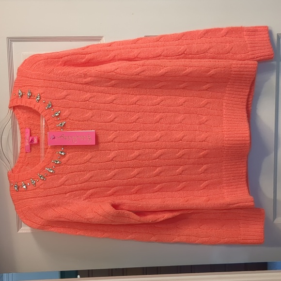 Lilly Pulitzer Dario Rhinestone Embellished Coral Scoop Neck Cable Knit Sweater - Picture 5 of 13